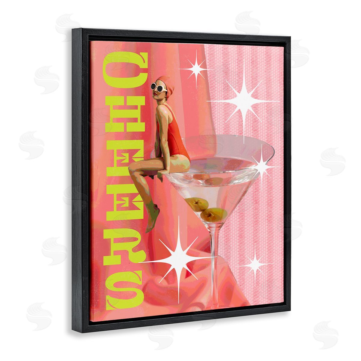 Cheers Retro Drink & Swimmer Black Floating Frame Canvas Wall Art, Home Decor by Stupell Studio