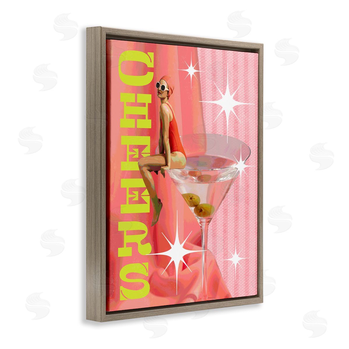 Cheers Retro Drink & Swimmer Brown Floating Frame Canvas Wall Art, Home Decor by Stupell Studio