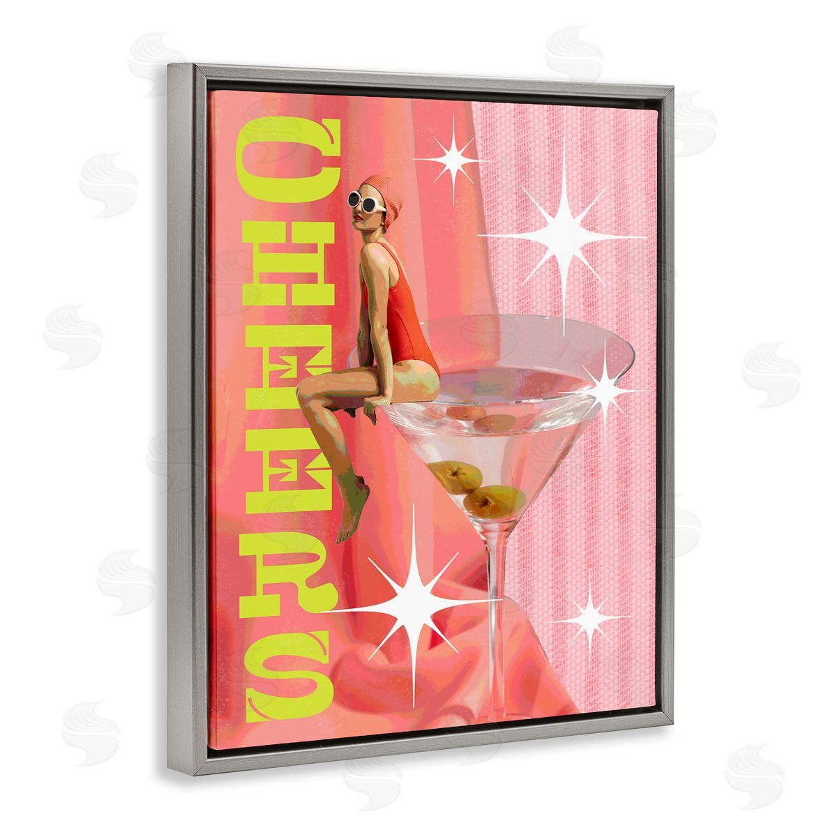 Cheers Retro Drink & Swimmer Grey Floating Frame Canvas Wall Art, Home Decor by Stupell Studio