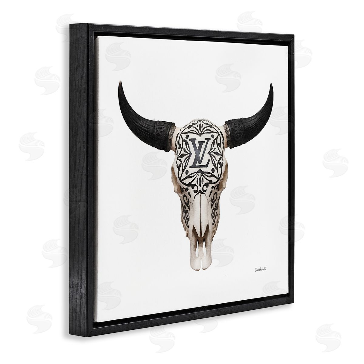 Southwestern Glam Skull Black Floating Frame Canvas Wall Art, Home Decor by Amanda Greenwood