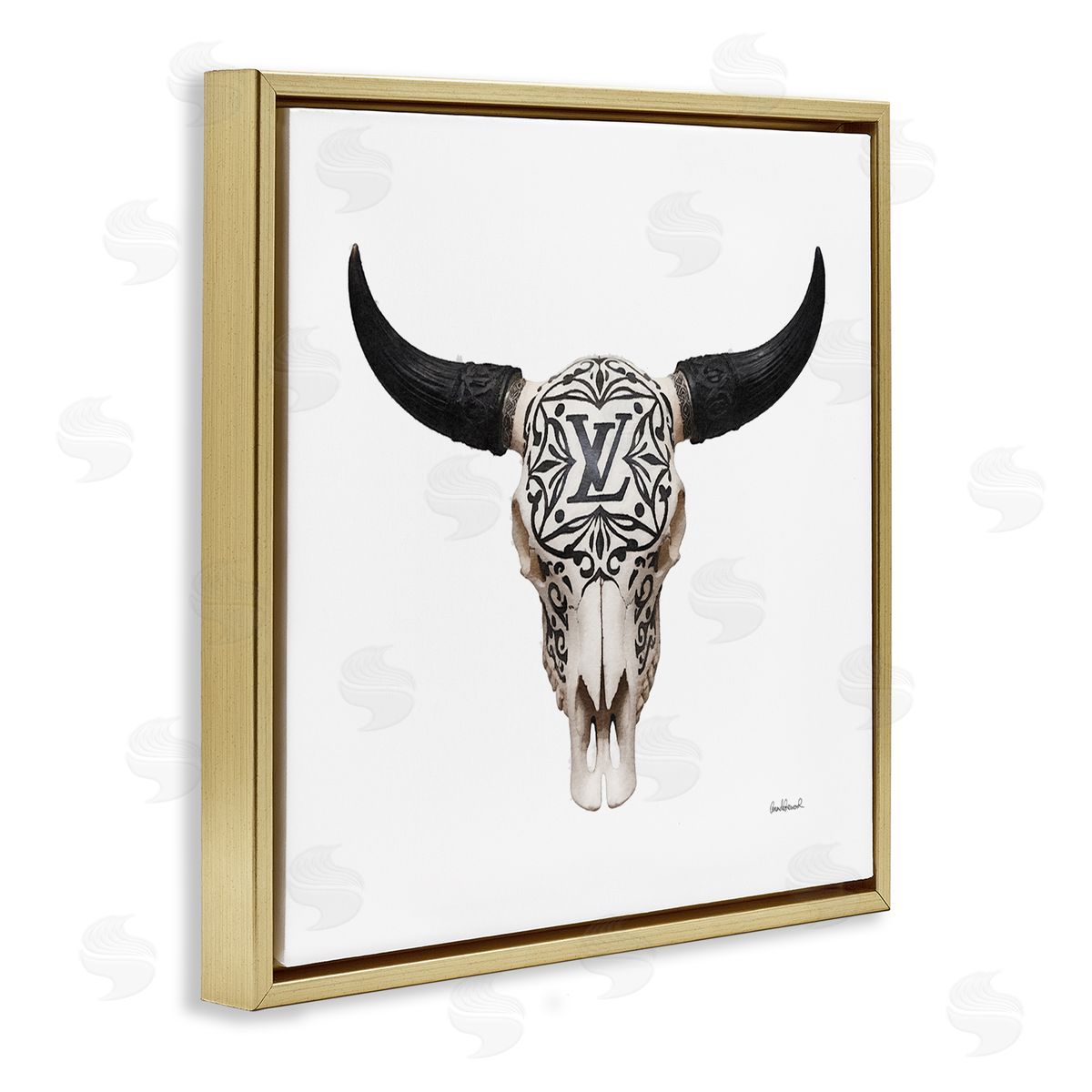 Southwestern Glam Skull Gold Floating Frame Canvas Wall Art, Home Decor by Amanda Greenwood