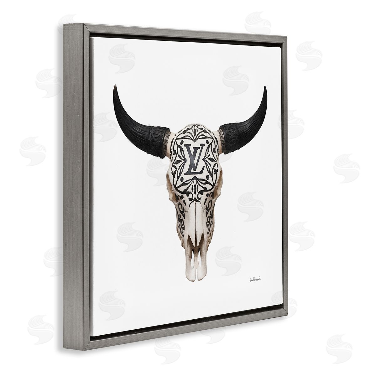 Southwestern Glam Skull Grey Floating Frame Canvas Wall Art, Home Decor by Amanda Greenwood