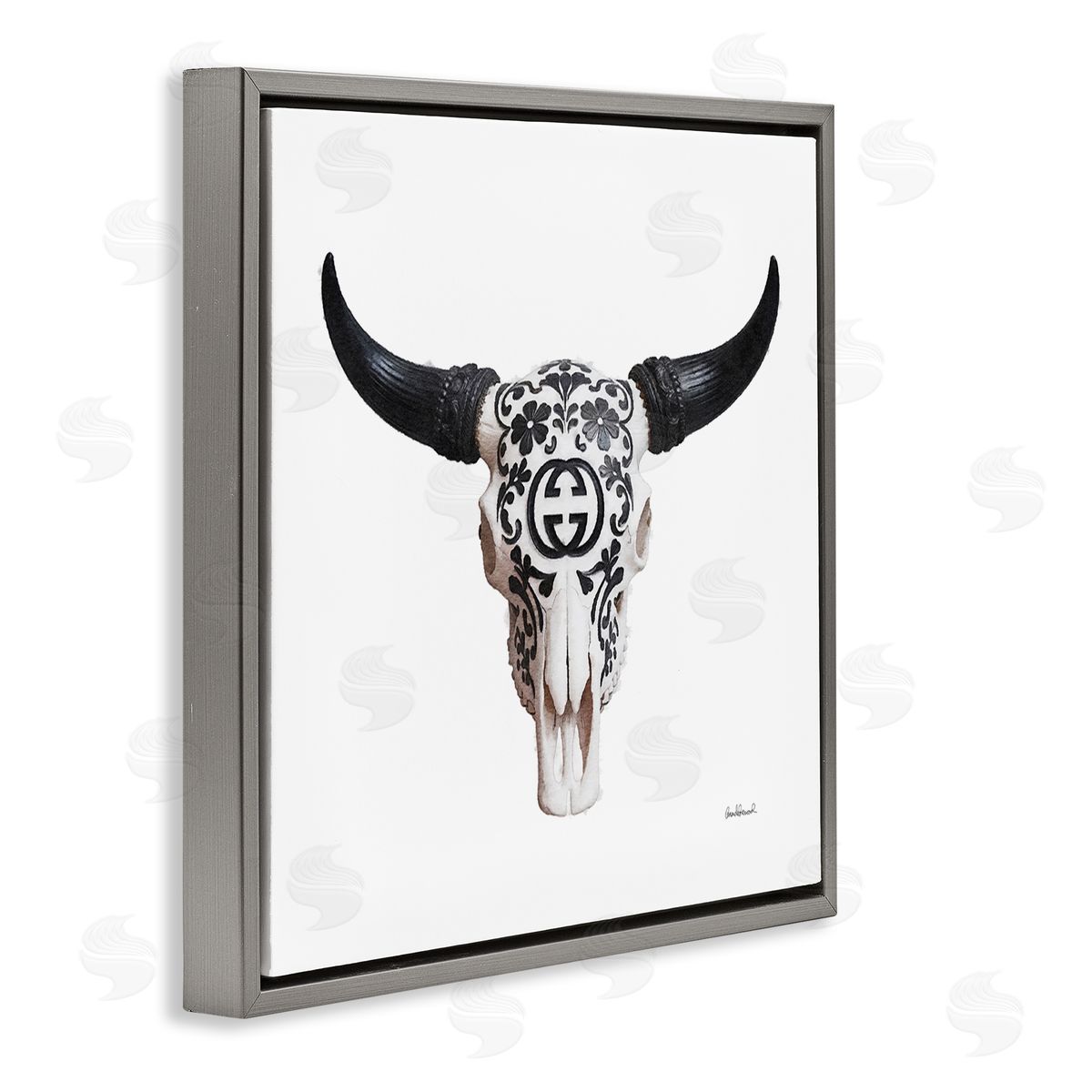 Western Fashion Skull Grey Floating Frame Canvas Wall Art, Home Decor by Amanda Greenwood