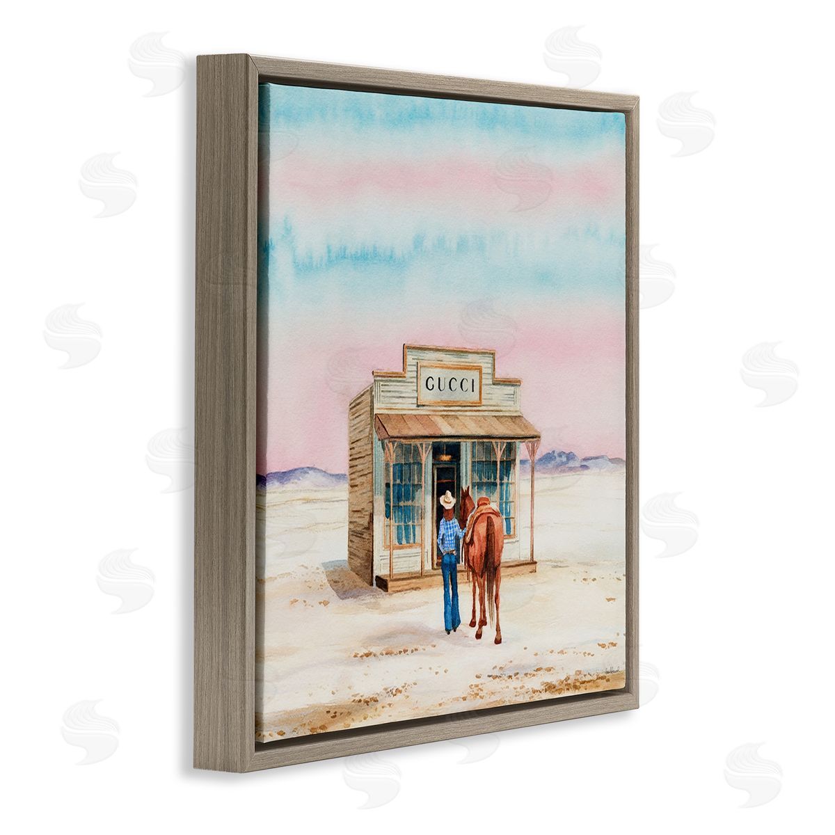 Glam Cowgirl at Desert Shop Brown Floating Frame Canvas Wall Art, Home Decor by Amanda Greenwood