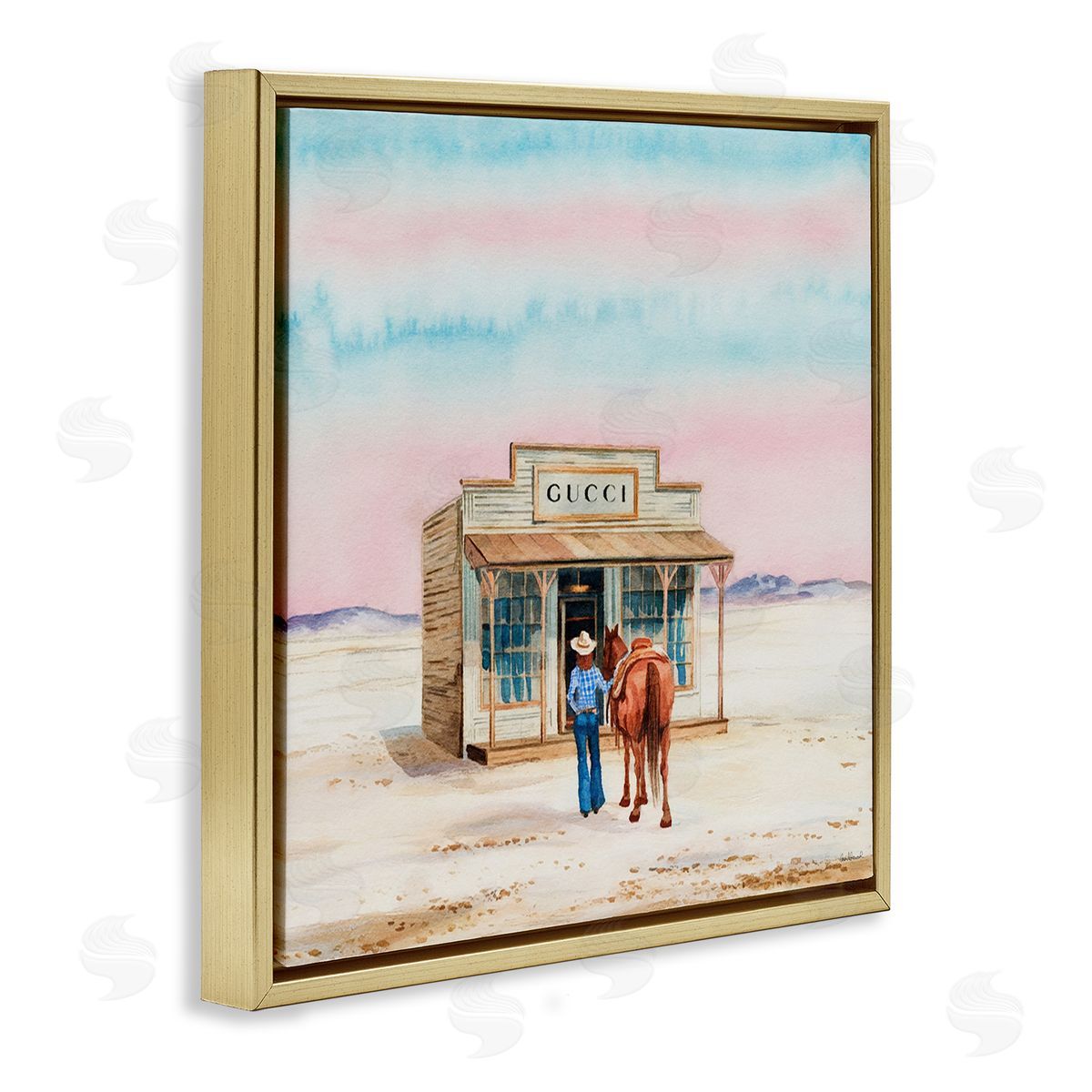 Glam Cowgirl at Desert Shop Gold Floating Frame Canvas Wall Art, Home Decor by Amanda Greenwood