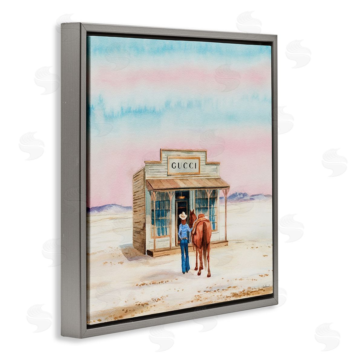 Glam Cowgirl at Desert Shop Grey Floating Frame Canvas Wall Art, Home Decor by Amanda Greenwood