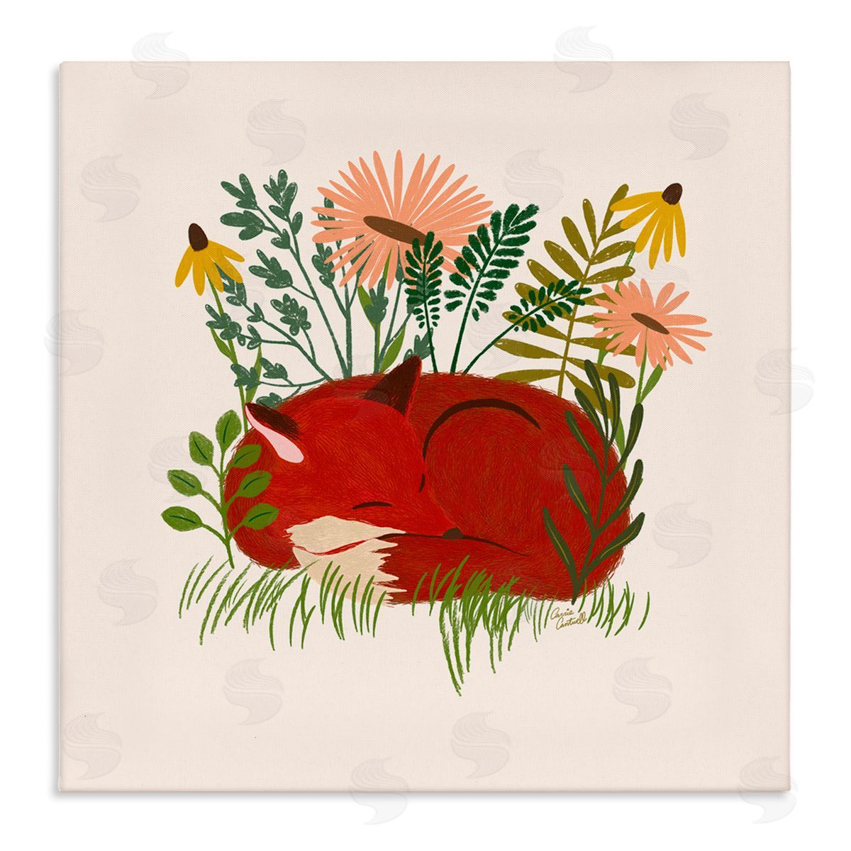 Sleeping Fox Among Daisies Canvas Wall Art, Home Decor by Carrie Cantwell