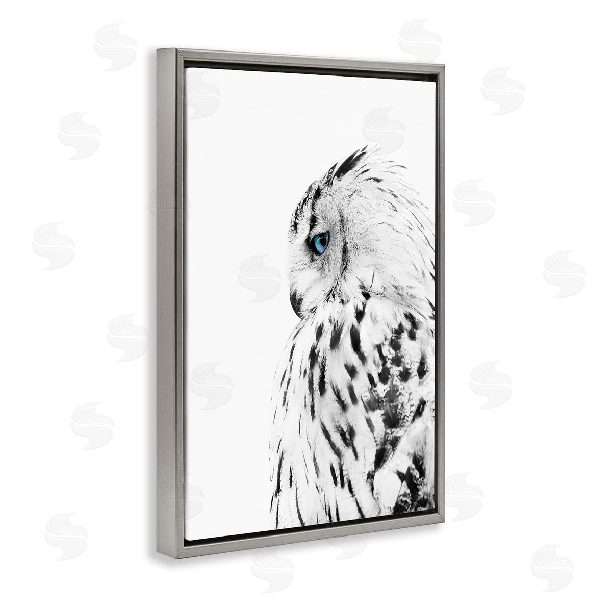 Owl with Strong Blue Gaze Grey Floating Frame Canvas Wall Art, Home Decor by Design Fabrikken