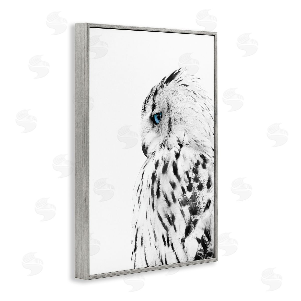 Owl with Strong Blue Gaze Grey Frame Print Wall Art, Home Decor by Design Fabrikken