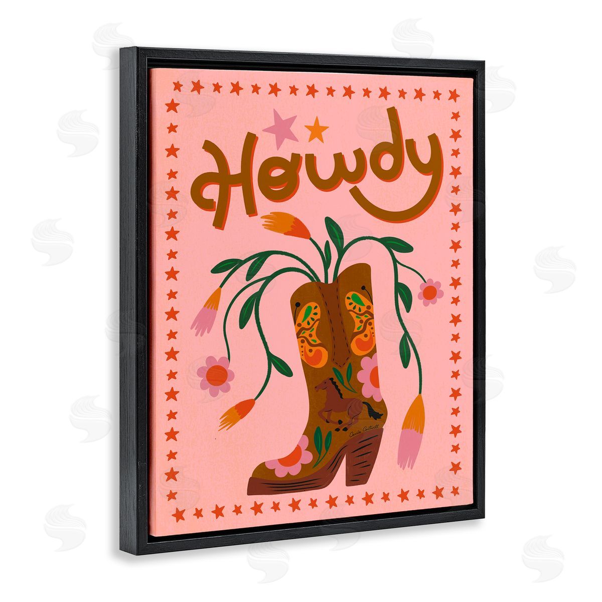 Carrie Cantwell Howdy Floral Cowgirl Boots Black Floating Frame Canvas Wall Art Print
