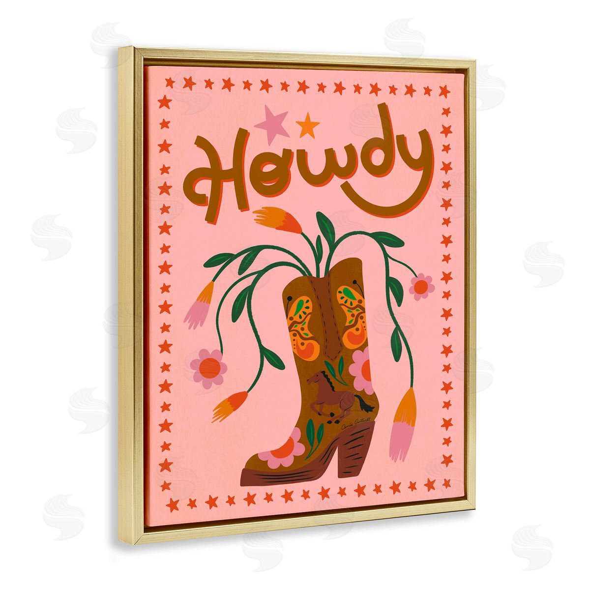 Carrie Cantwell Howdy Floral Cowgirl Boots Gold Floating Frame Canvas Wall Art Print