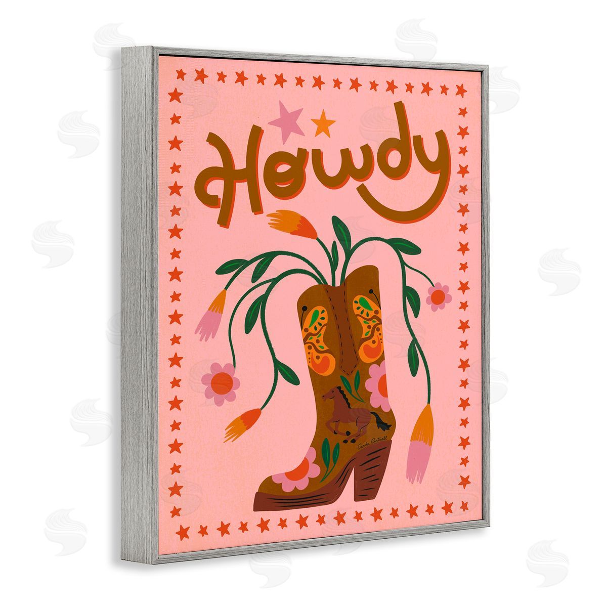 Carrie Cantwell Howdy Floral Cowgirl Boots Gray Framed Giclee Wall Art Print