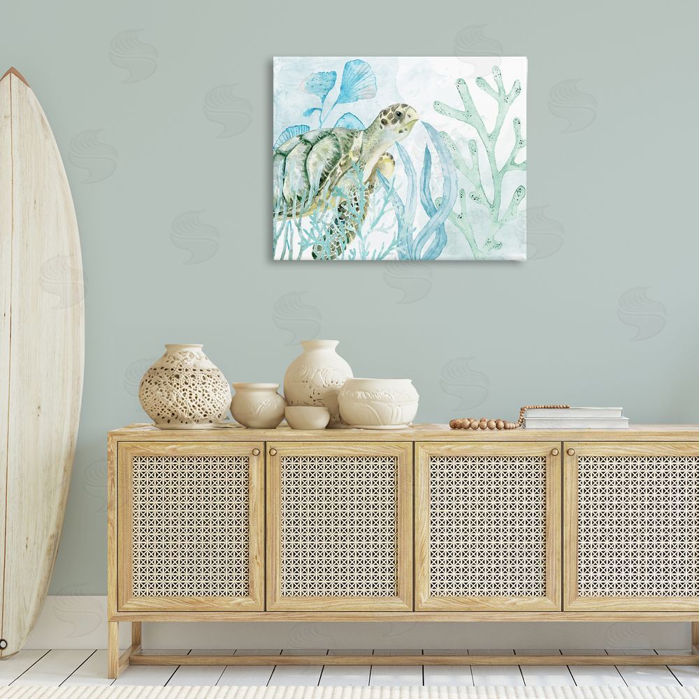 Kim Allen Turtle in Watercolor Coral Canvas Wall Art Print in Room