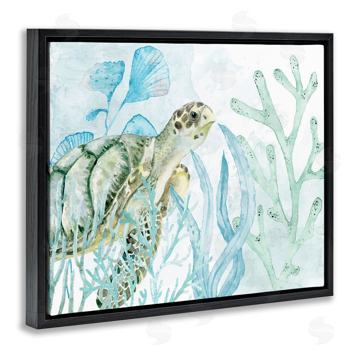 Kim Allen Turtle in Watercolor Coral Black Floating Frame Canvas Wall Art Print