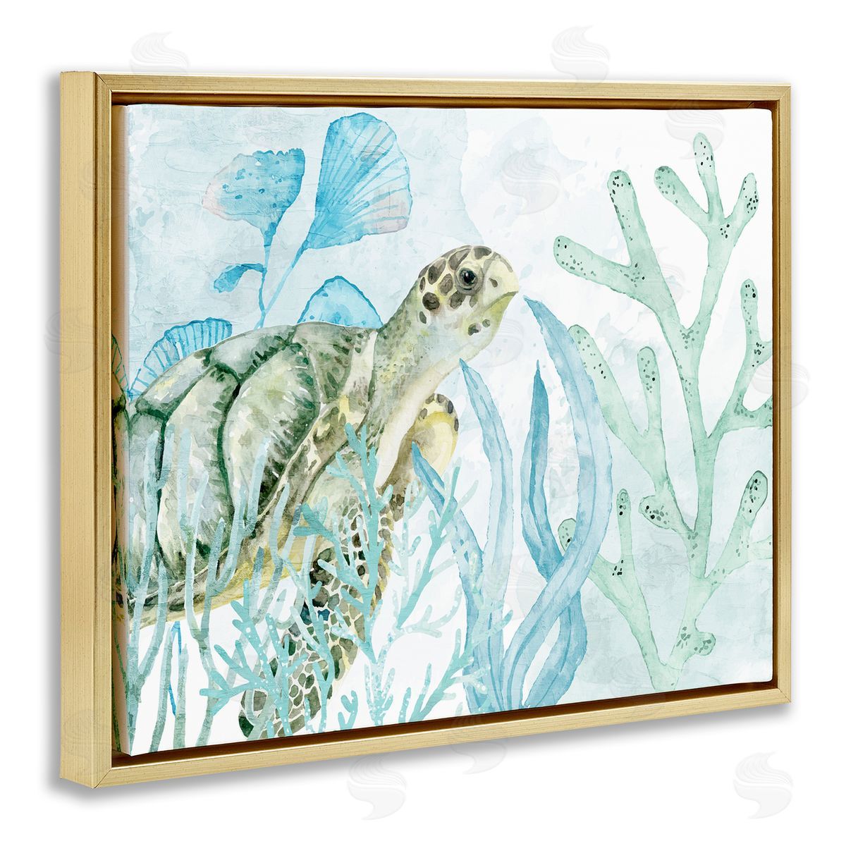 Kim Allen Turtle in Watercolor Coral Gold Floating Frame Canvas Wall Art Print
