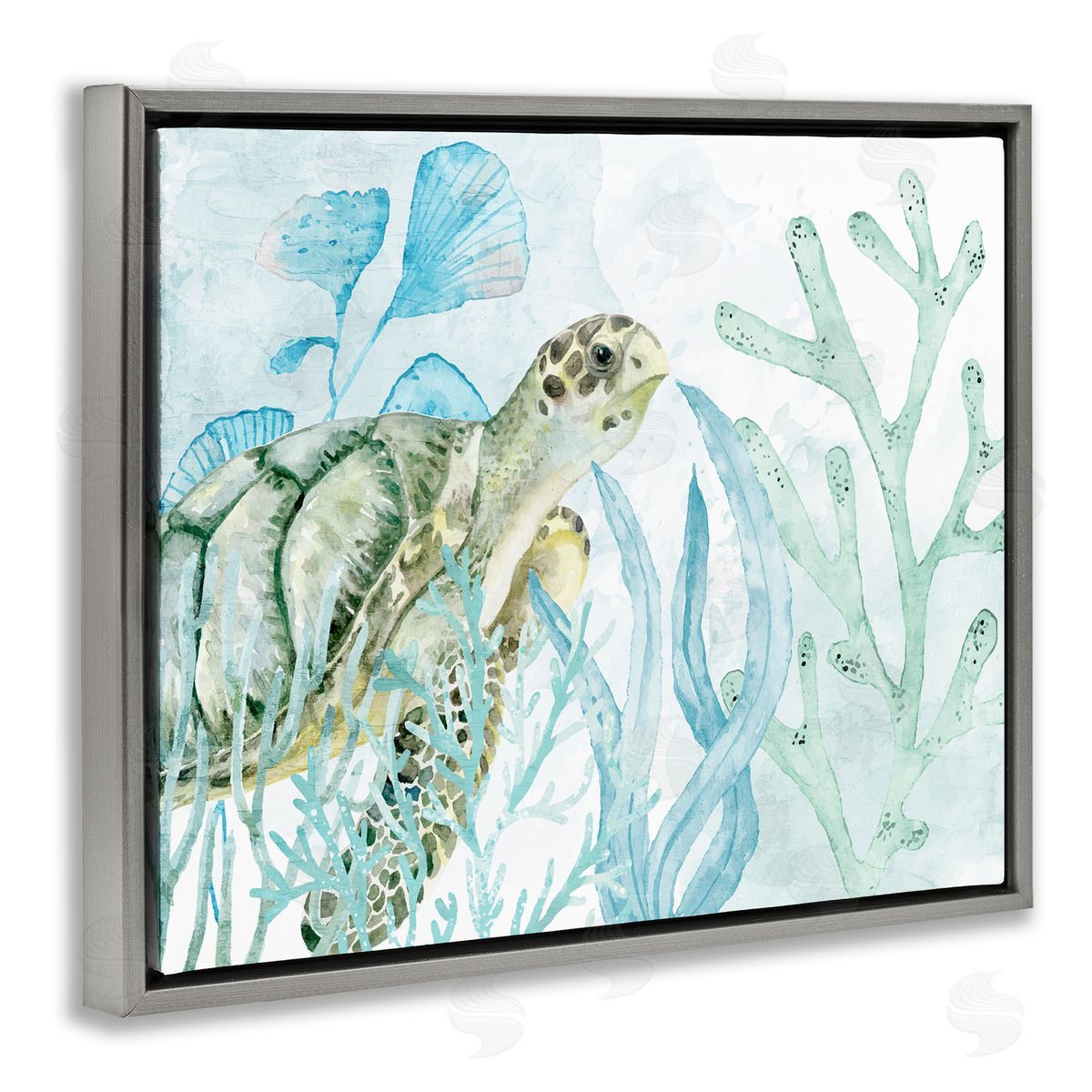 Kim Allen Turtle in Watercolor Coral Gray Floating Frame Canvas Wall Art Print