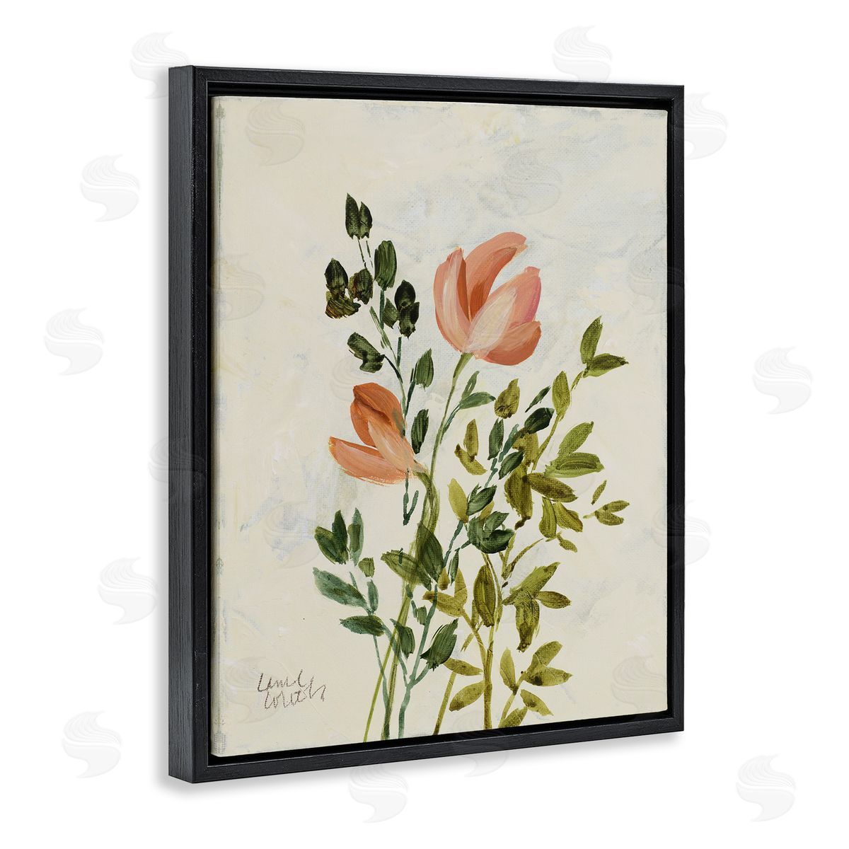 Lanie Loreth Vintage Leaves Pink Blossom Black Floating Frame Canvas Wall Art Print