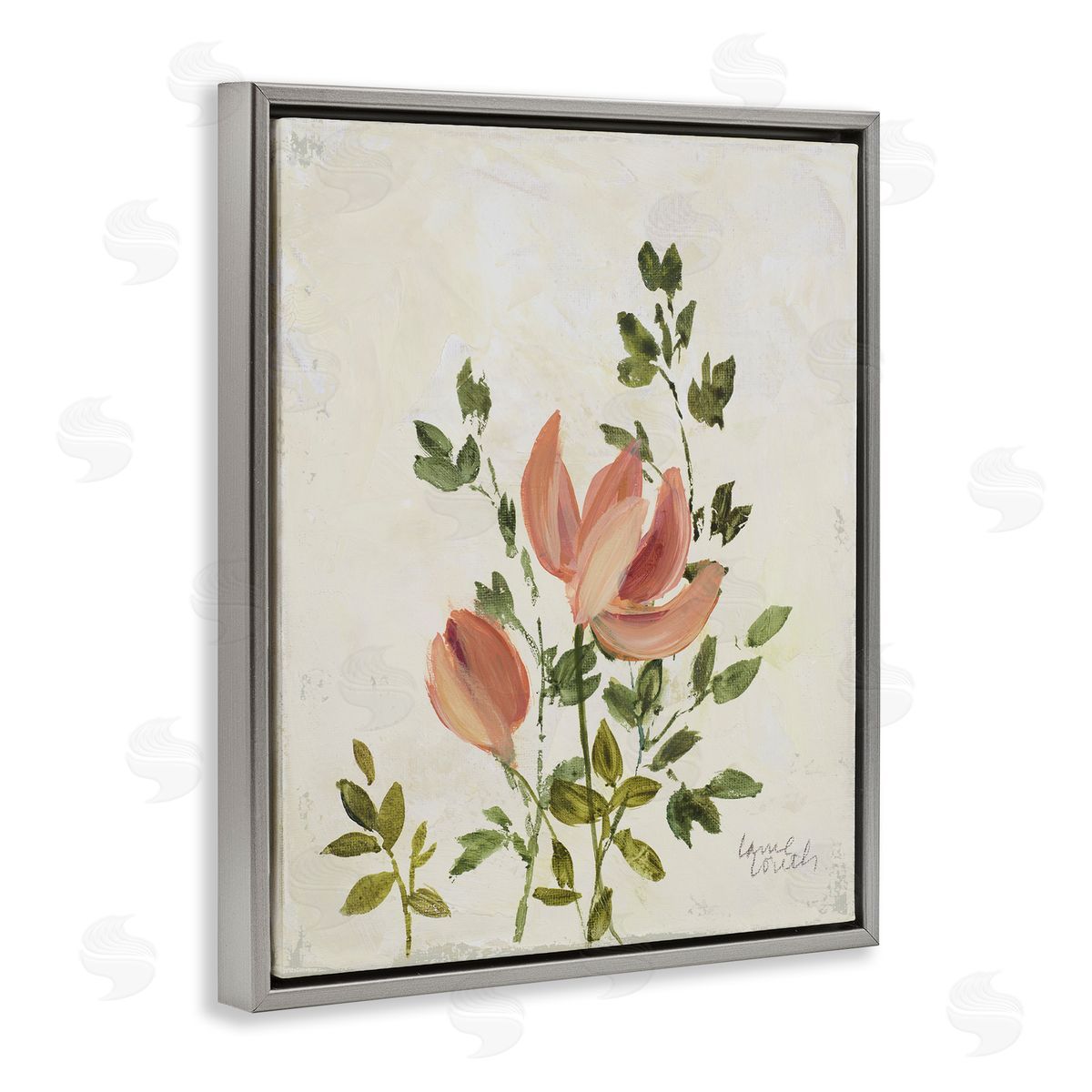 Lanie Loreth Pink Florals Vintage Leaves Gray Floating Frame Canvas Wall Art Print