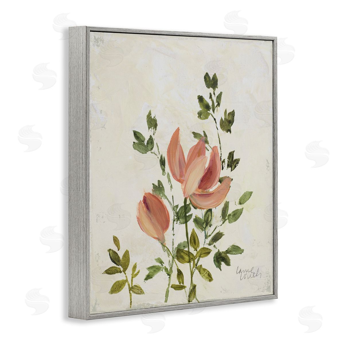 Lanie Loreth Pink Florals Vintage Leaves Gray Framed Giclee Wall Art Print