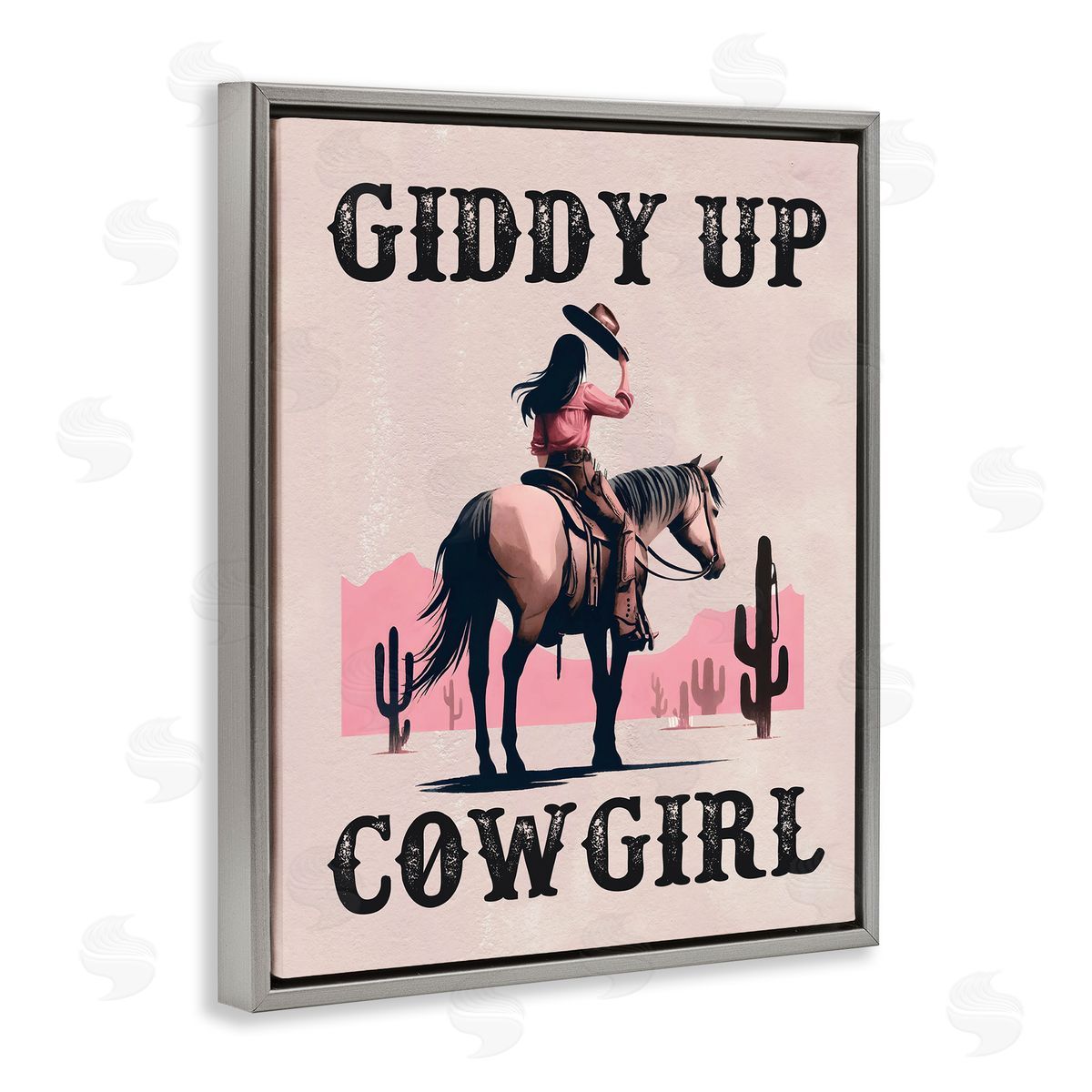 Giddy Up Brunette Cowgirl Grey Floating Frame Canvas Wall Art, Home Decor by Lettered and Lined