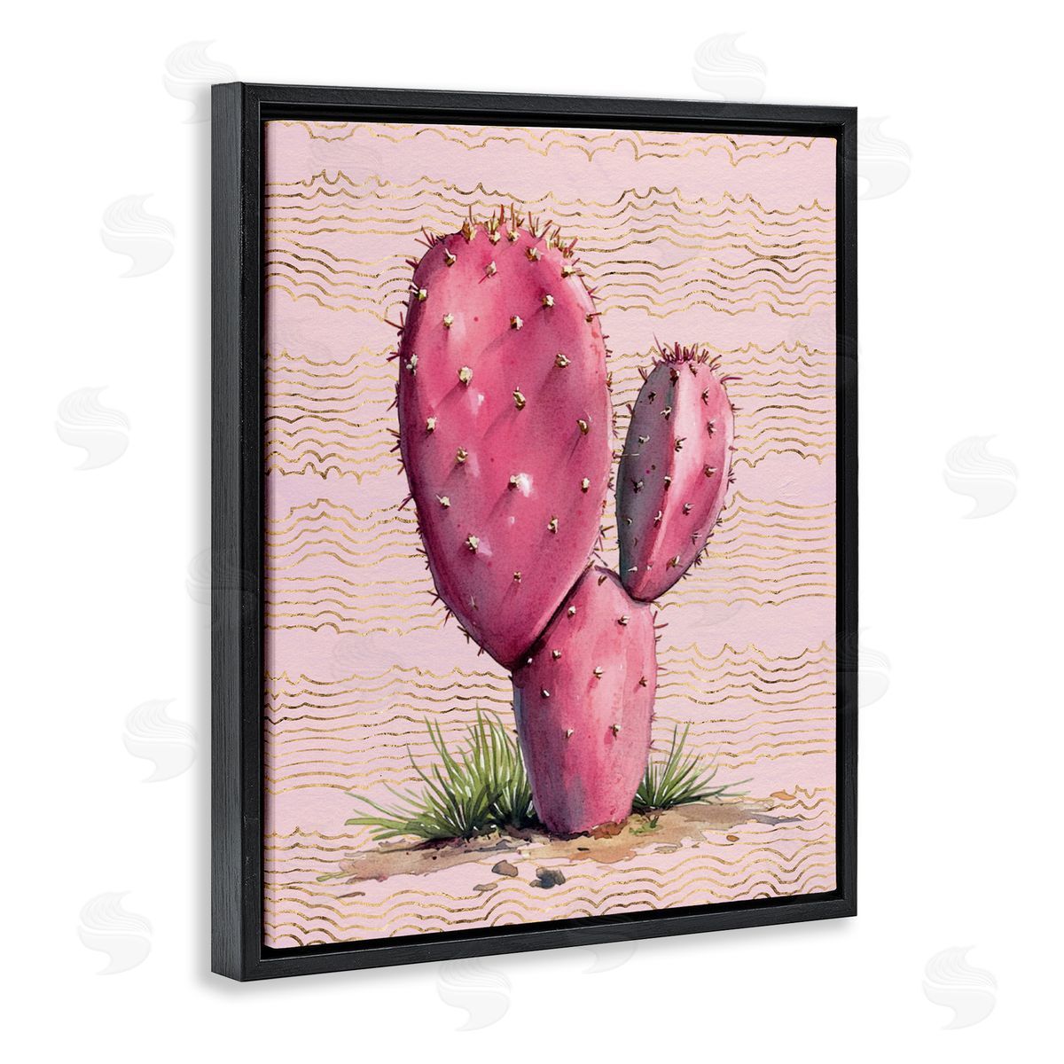 Pink Prickly Pear Cactus Black Floating Frame Canvas Wall Art, Home Decor by Lettered and Lined