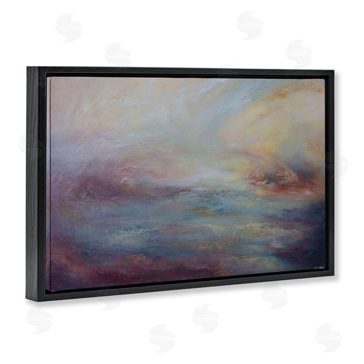 Golden Hour Swirled Abstract Black Floating Frame Canvas Wall Art, Home Decor by Lydia Orange
