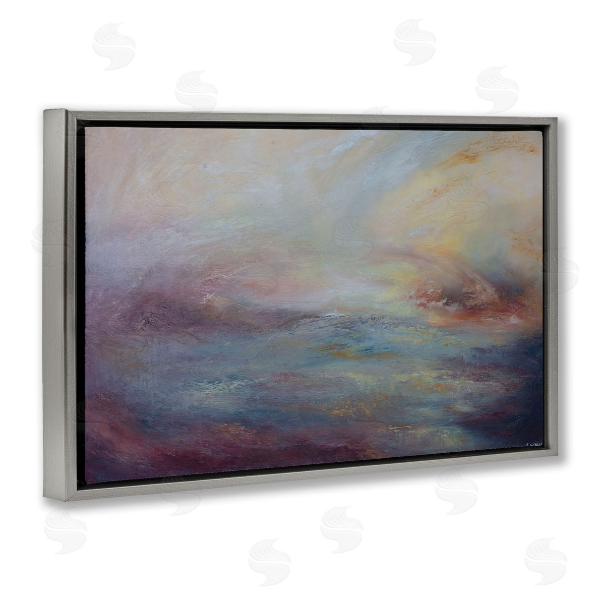 Golden Hour Swirled Abstract Grey Floating Frame Canvas Wall Art, Home Decor by Lydia Orange