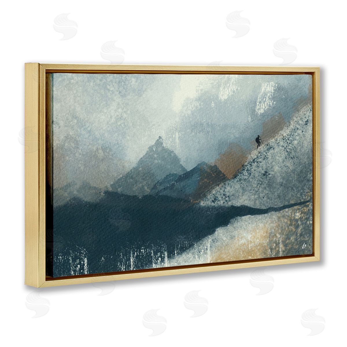 Intrepid Traveler in Mountains Gold Floating Frame Canvas Wall Art, Home Decor by Lydia Orange