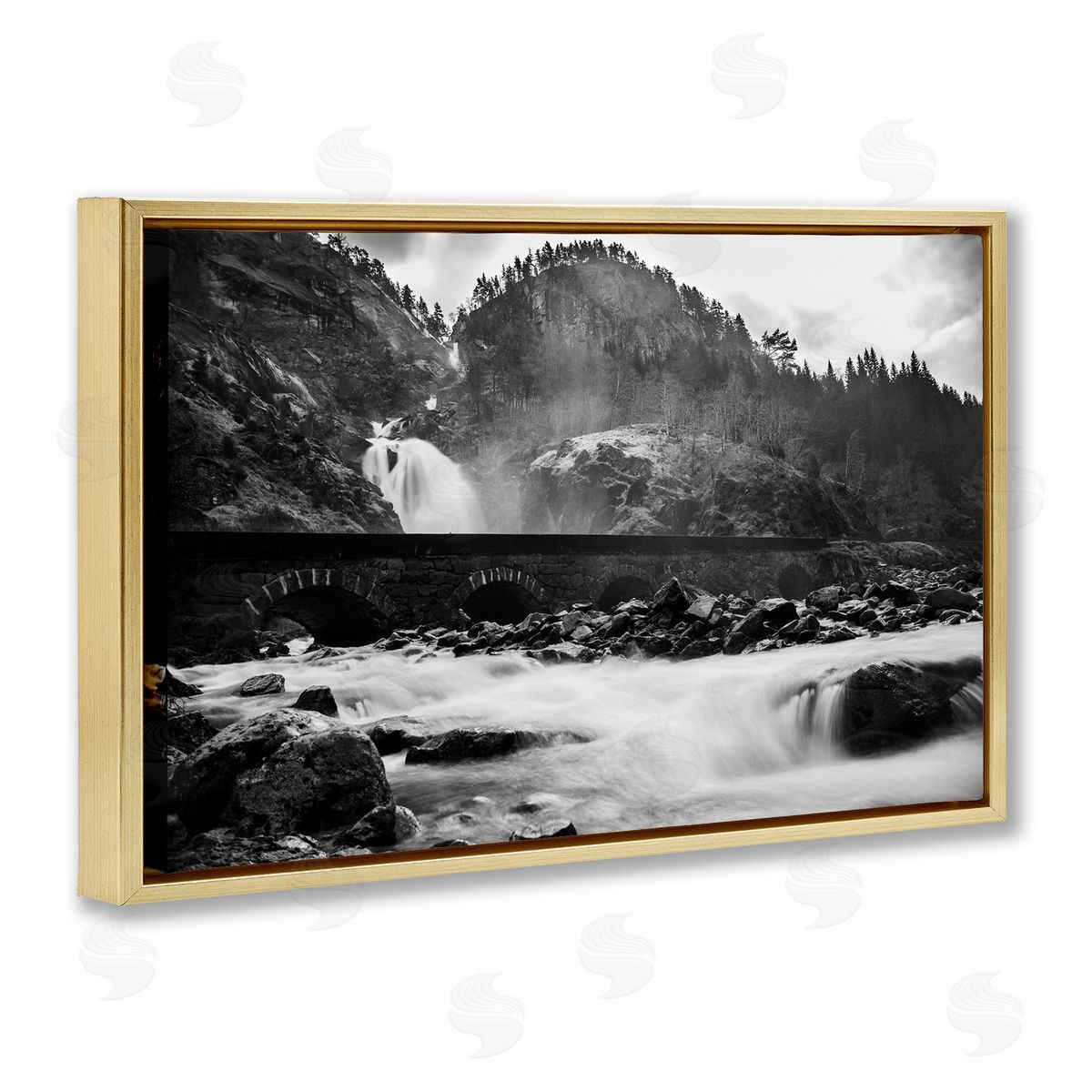 Waterfall Ravine Photography Gold Floating Frame Canvas Wall Art, Home Decor by Thomas Tepstad Berge