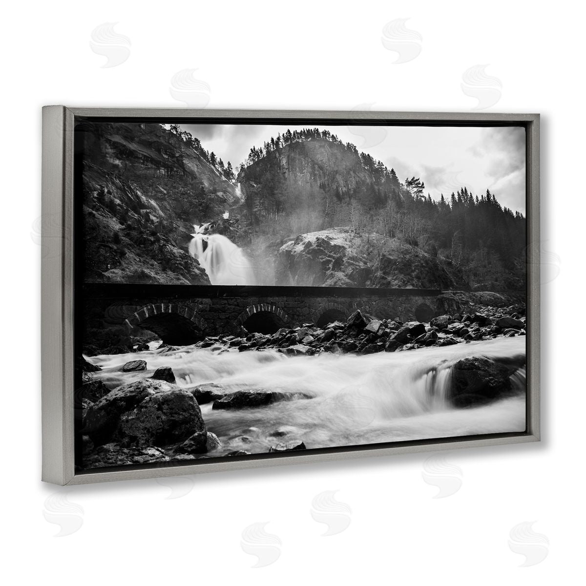 Waterfall Ravine Photography Grey Floating Frame Canvas Wall Art, Home Decor by Thomas Tepstad Berge