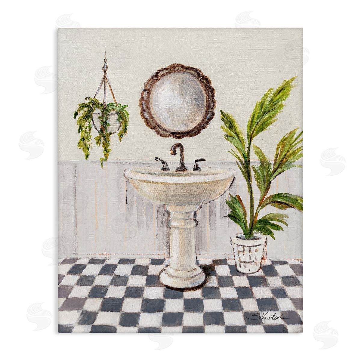 Crisp Bathroom with Plants Canvas Wall Art, Home Decor by Silvia Vassileva