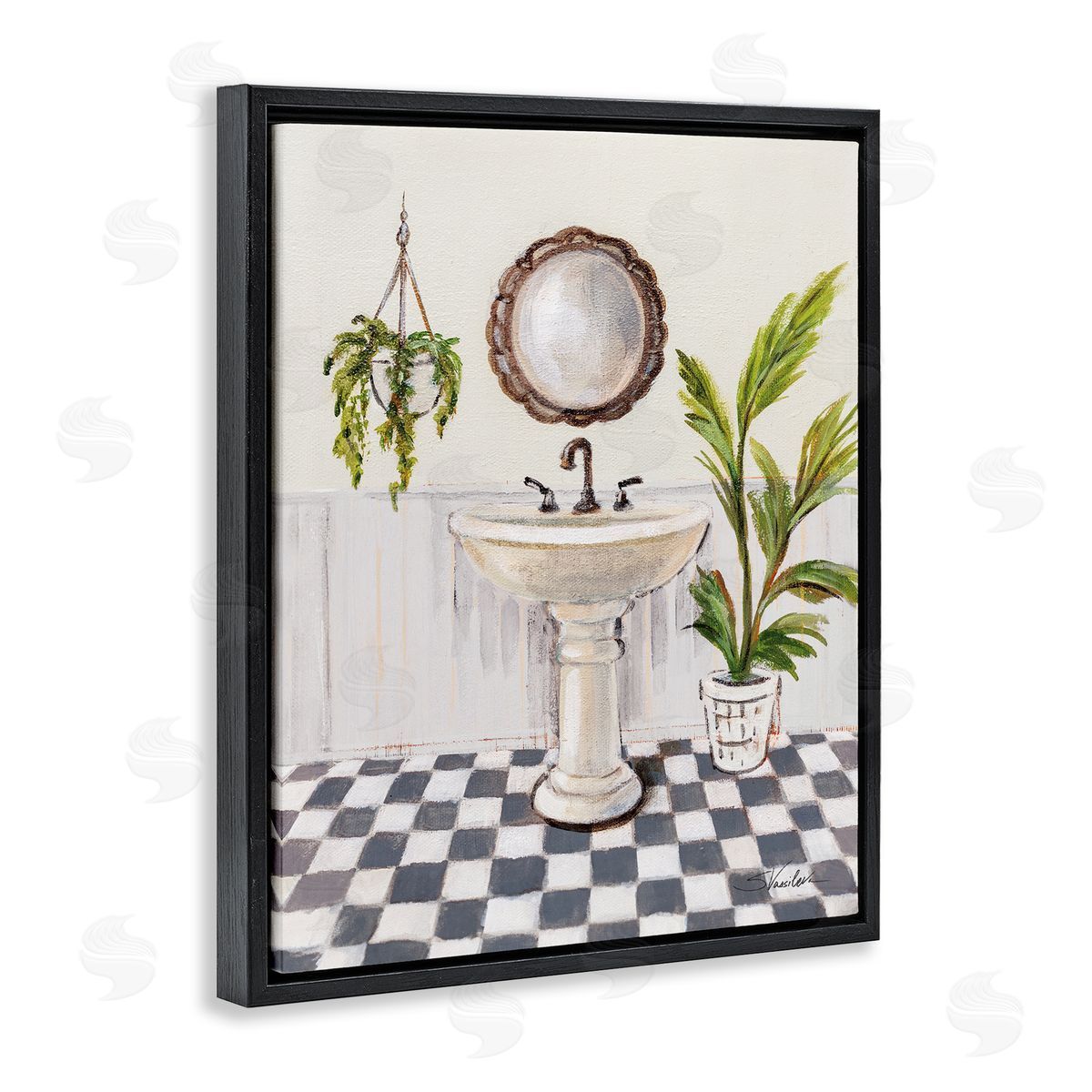 Crisp Bathroom with Plants Black Floating Frame Canvas Wall Art, Home Decor by Silvia Vassileva