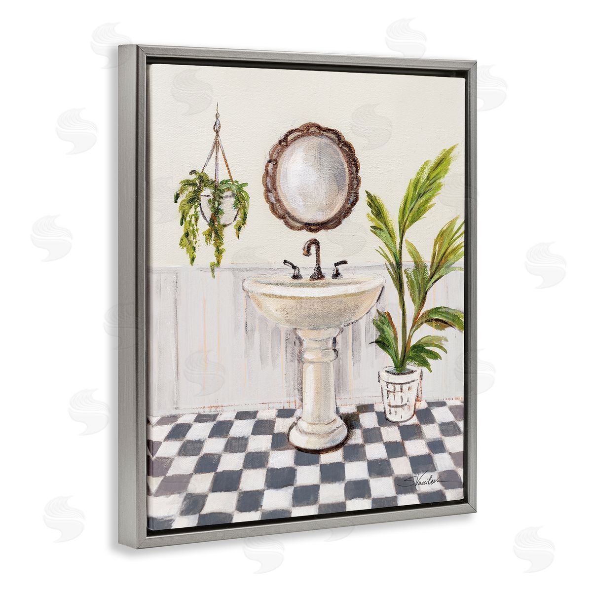 Crisp Bathroom with Plants Grey Floating Frame Canvas Wall Art, Home Decor by Silvia Vassileva