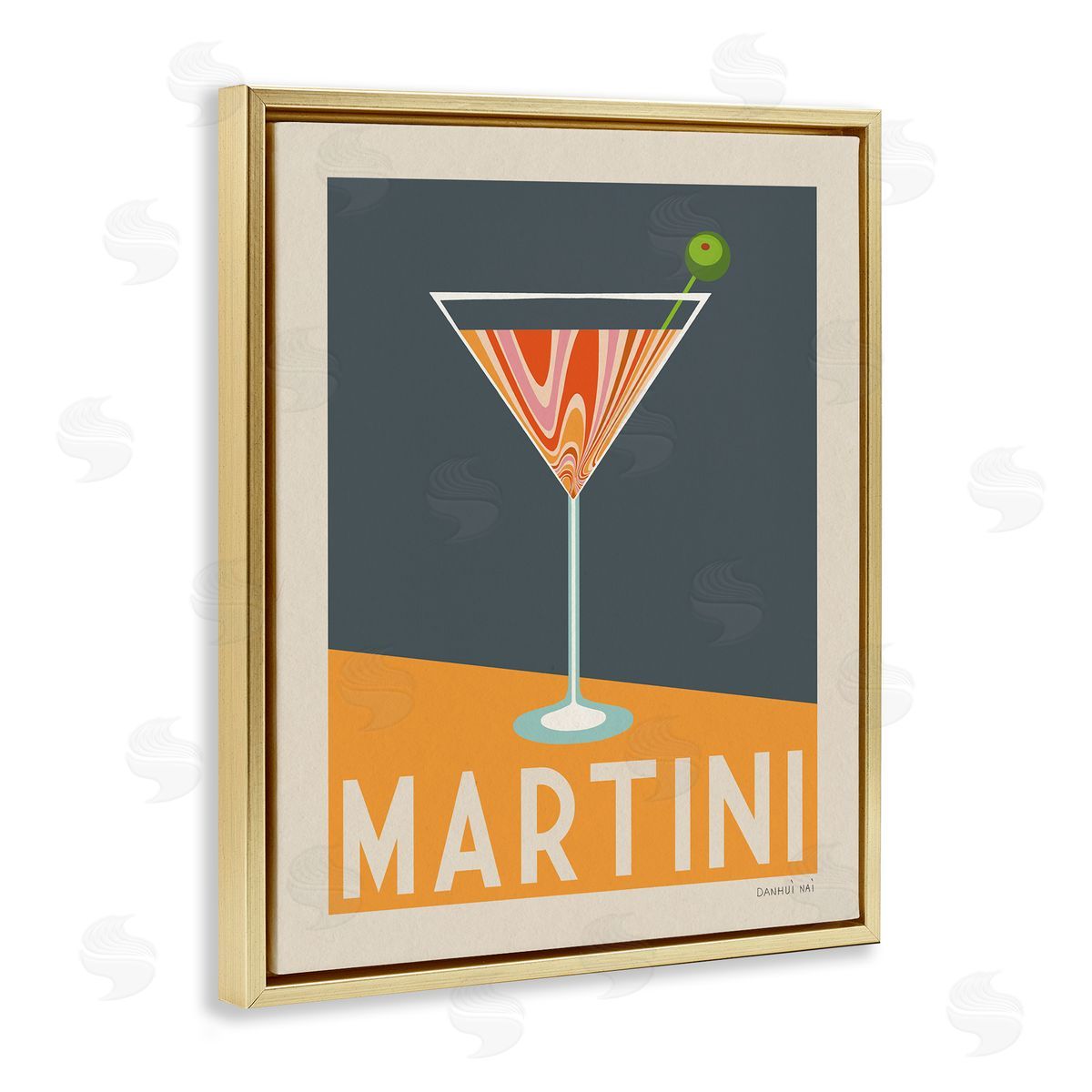 Retro Swirled Martini Gold Floating Frame Canvas Wall Art, Home Decor by Danhui Nai