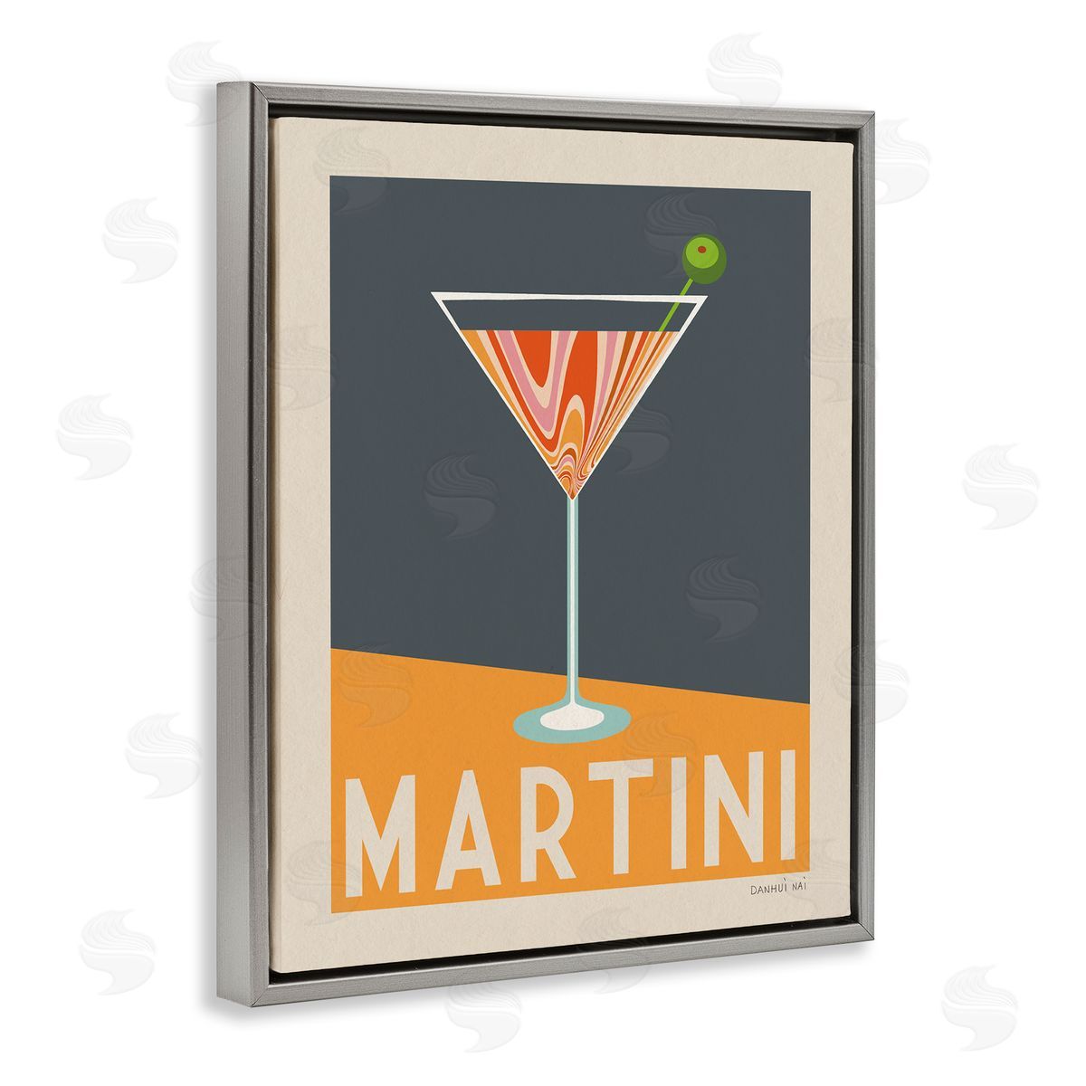 Retro Swirled Martini Grey Floating Frame Canvas Wall Art, Home Decor by Danhui Nai
