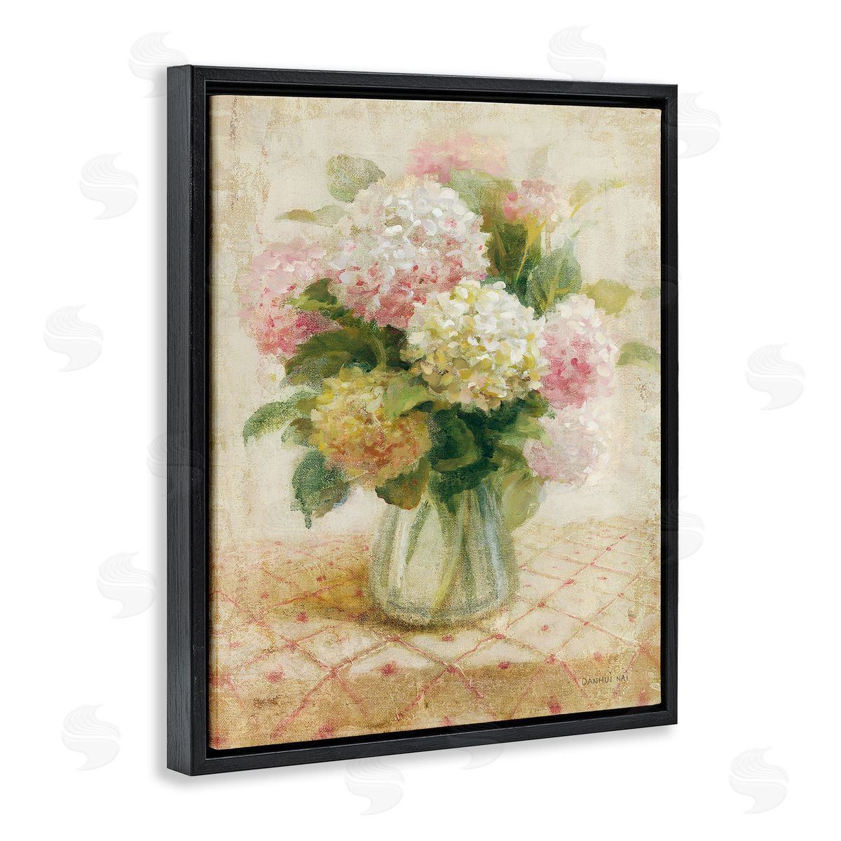Cottage Hydrangeas in Pink Black Floating Frame Canvas Wall Art, Home Decor by Danhui Nai