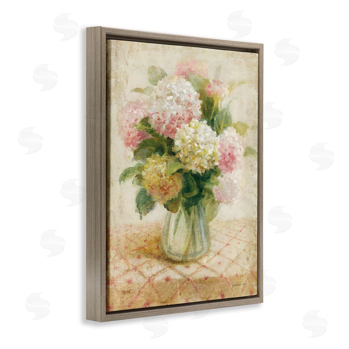 Cottage Hydrangeas in Pink Brown Floating Frame Canvas Wall Art, Home Decor by Danhui Nai