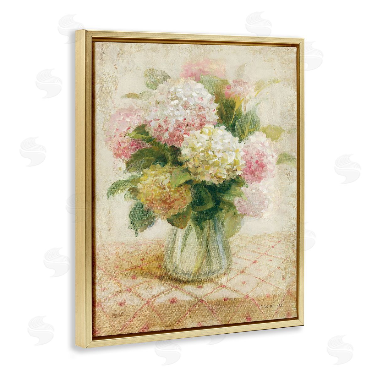 Cottage Hydrangeas in Pink Gold Floating Frame Canvas Wall Art, Home Decor by Danhui Nai