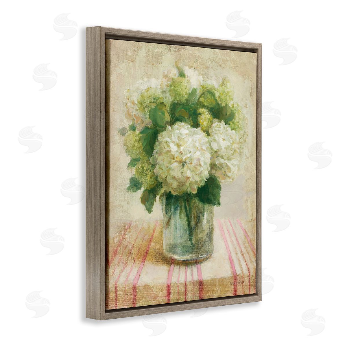 Cottage Hydrangeas in White Brown Floating Frame Canvas Wall Art, Home Decor by Danhui Nai