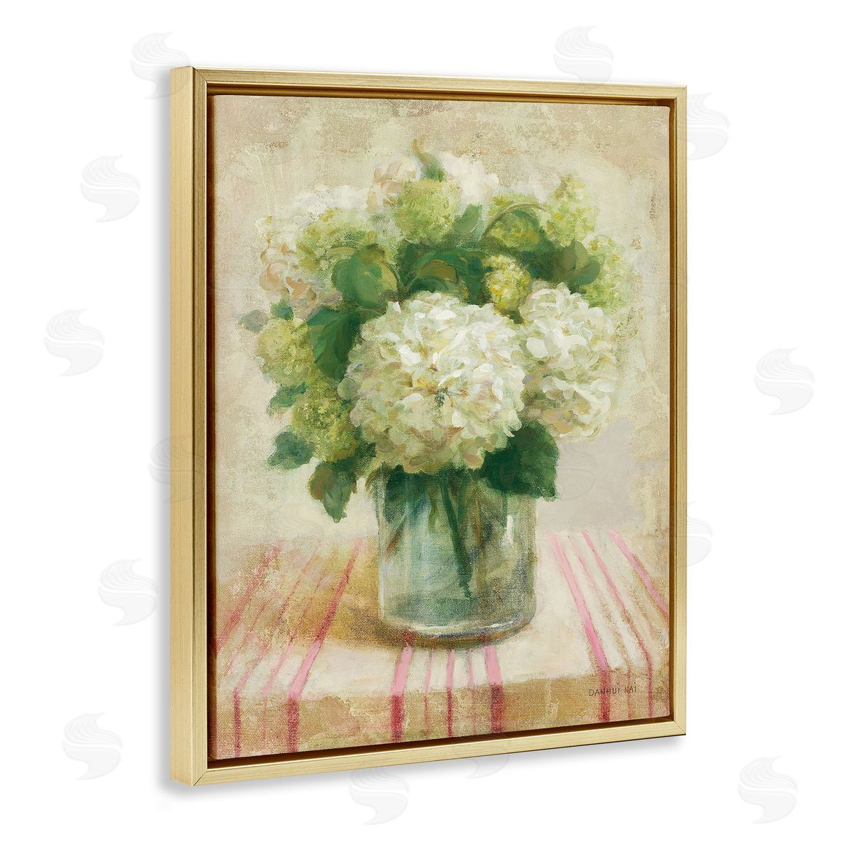 Cottage Hydrangeas in White Gold Floating Frame Canvas Wall Art, Home Decor by Danhui Nai