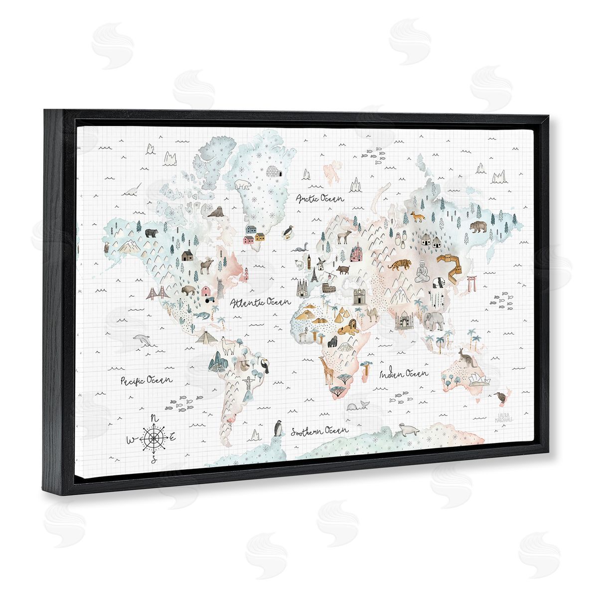 Whimsical World Traveler Map Black Floating Frame Canvas Wall Art, Home Decor by Laura Marshall