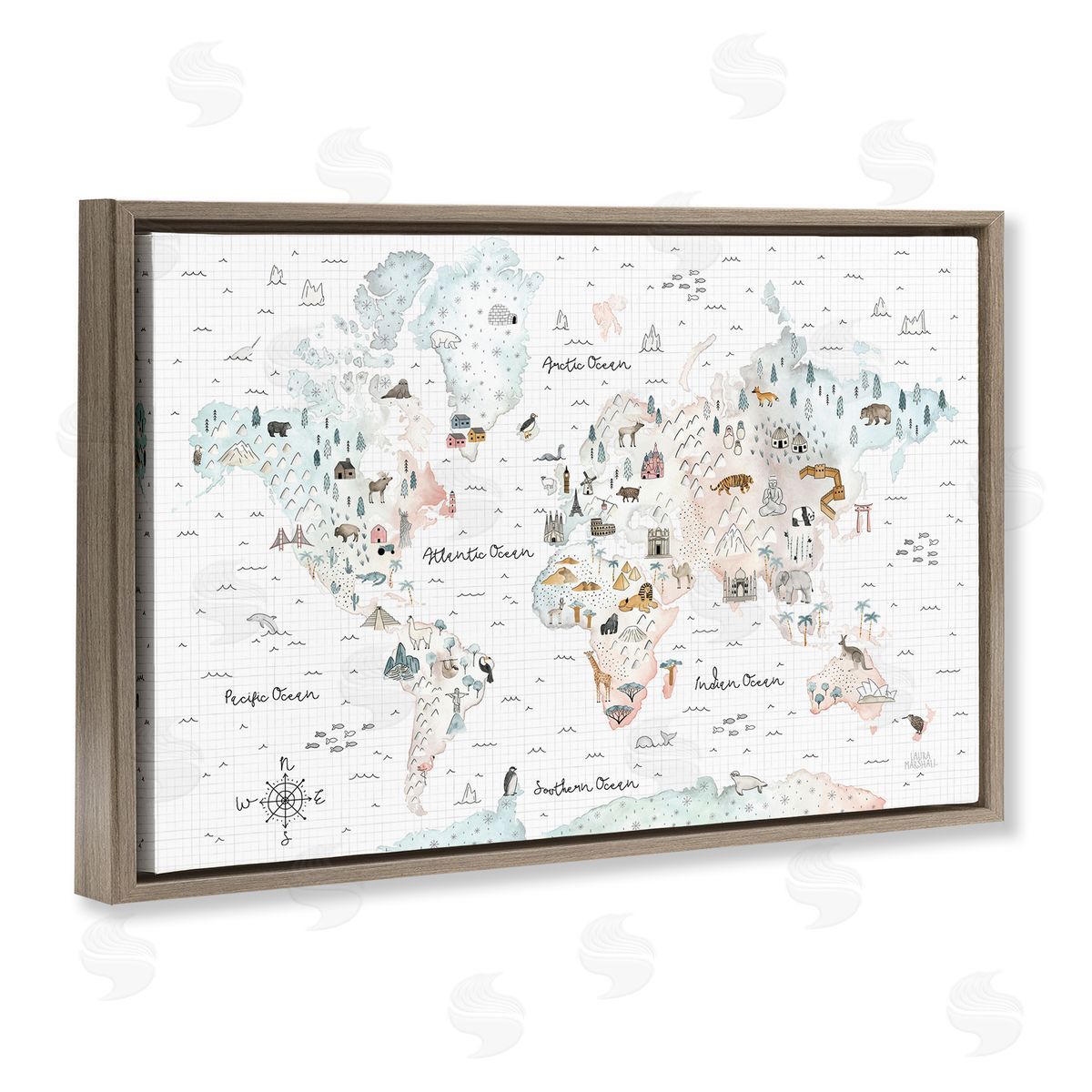 Whimsical World Traveler Map Brown Floating Frame Canvas Wall Art, Home Decor by Laura Marshall