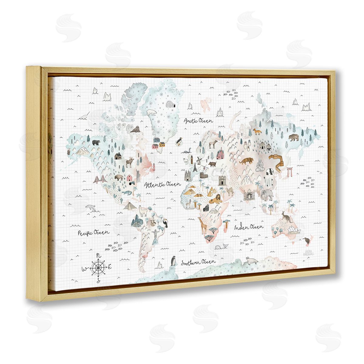 Whimsical World Traveler Map Gold Floating Frame Canvas Wall Art, Home Decor by Laura Marshall