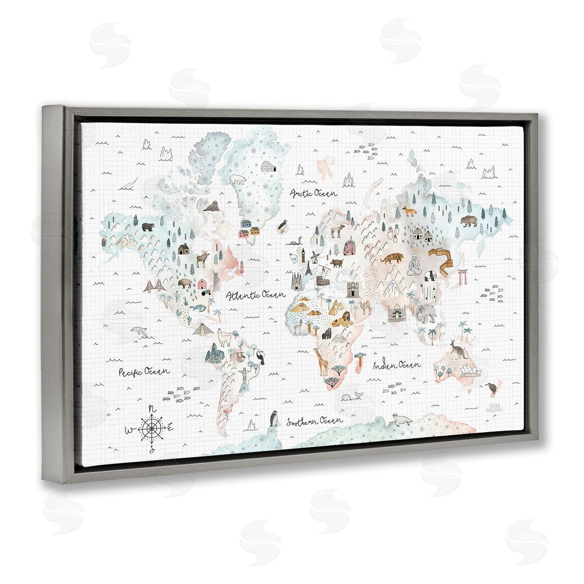 Whimsical World Traveler Map Grey Floating Frame Canvas Wall Art, Home Decor by Laura Marshall