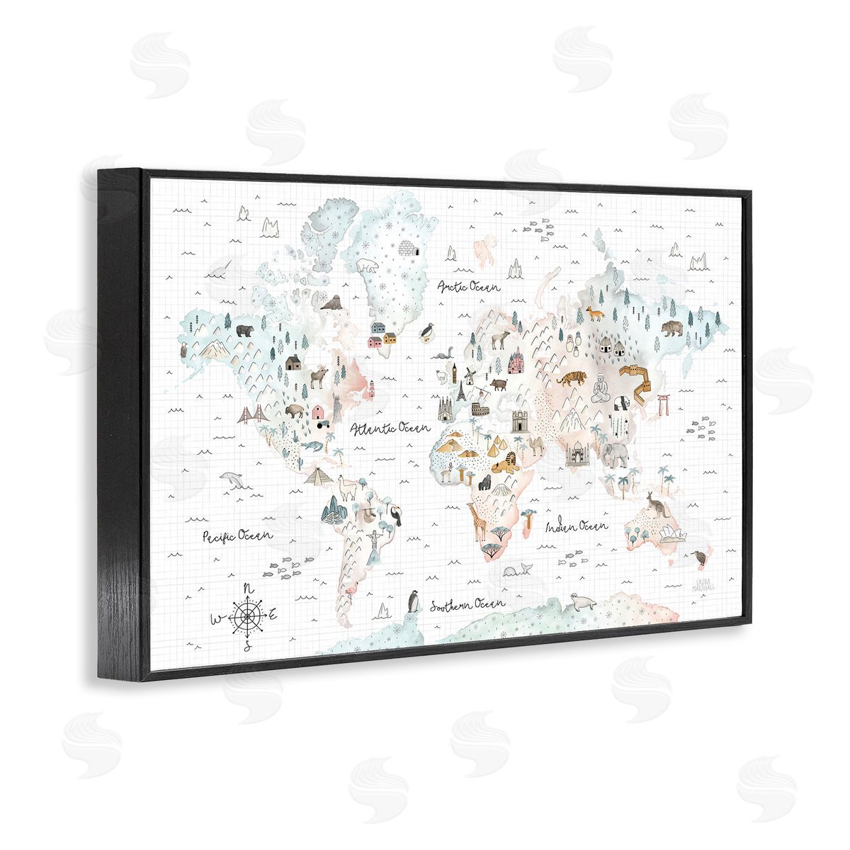 Whimsical World Traveler Map Black Frame Print Wall Art, Home Decor by Laura Marshall