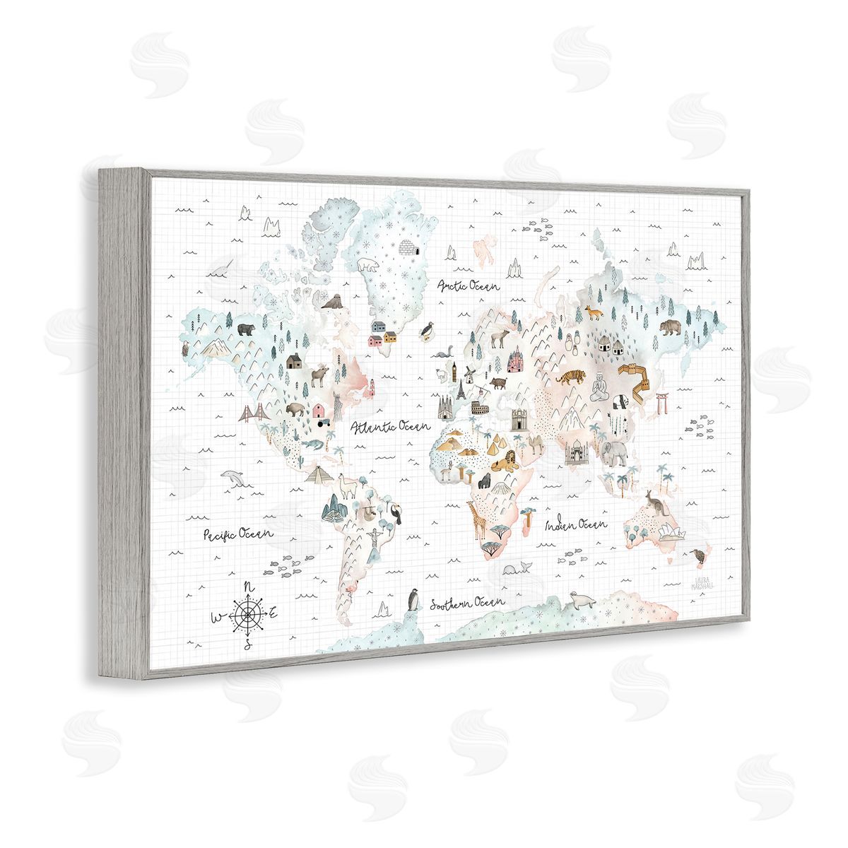 Whimsical World Traveler Map Grey Frame Print Wall Art, Home Decor by Laura Marshall