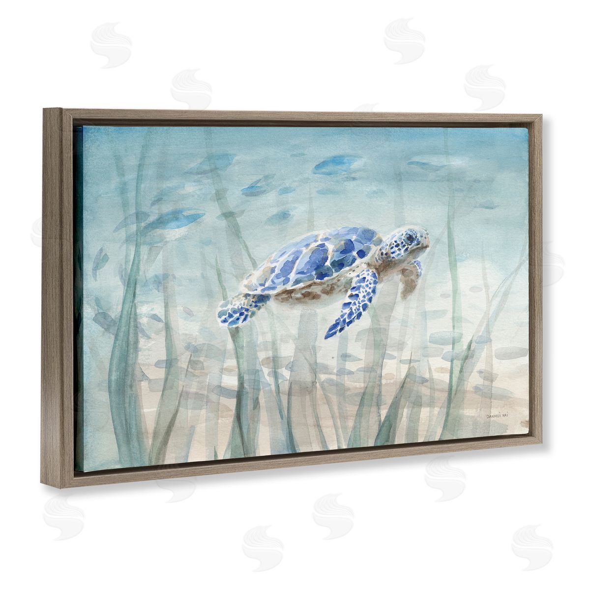 Undersea Turtle Swim Brown Floating Frame Canvas Wall Art, Home Decor by Danhui Nai