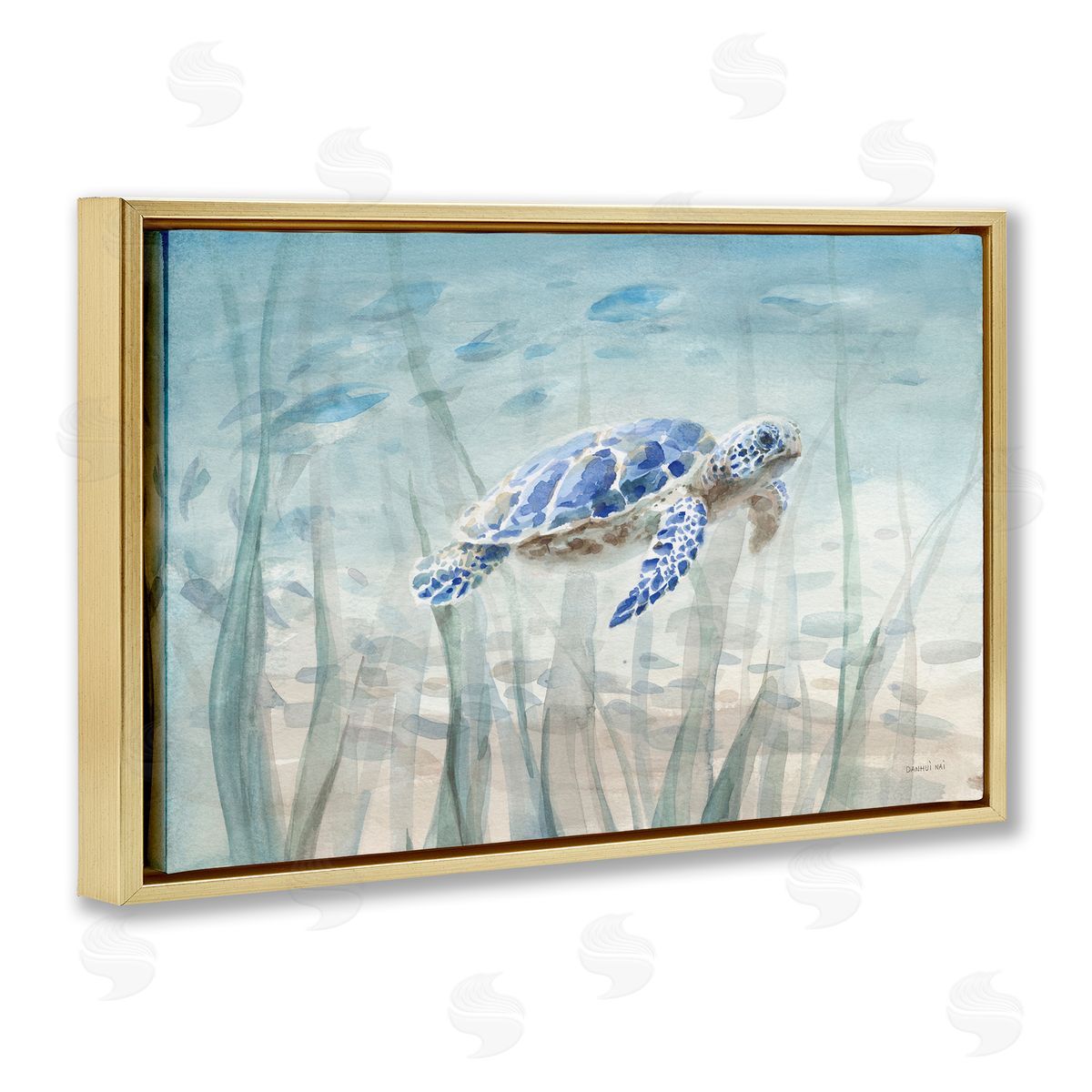Undersea Turtle Swim Gold Floating Frame Canvas Wall Art, Home Decor by Danhui Nai