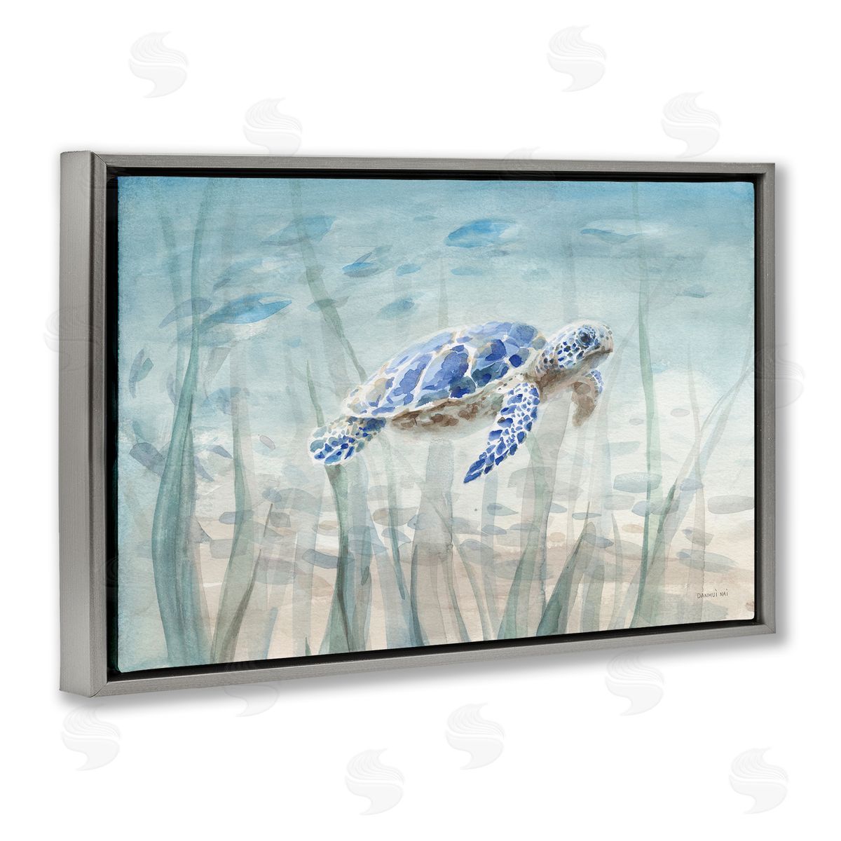 Undersea Turtle Swim Grey Floating Frame Canvas Wall Art, Home Decor by Danhui Nai