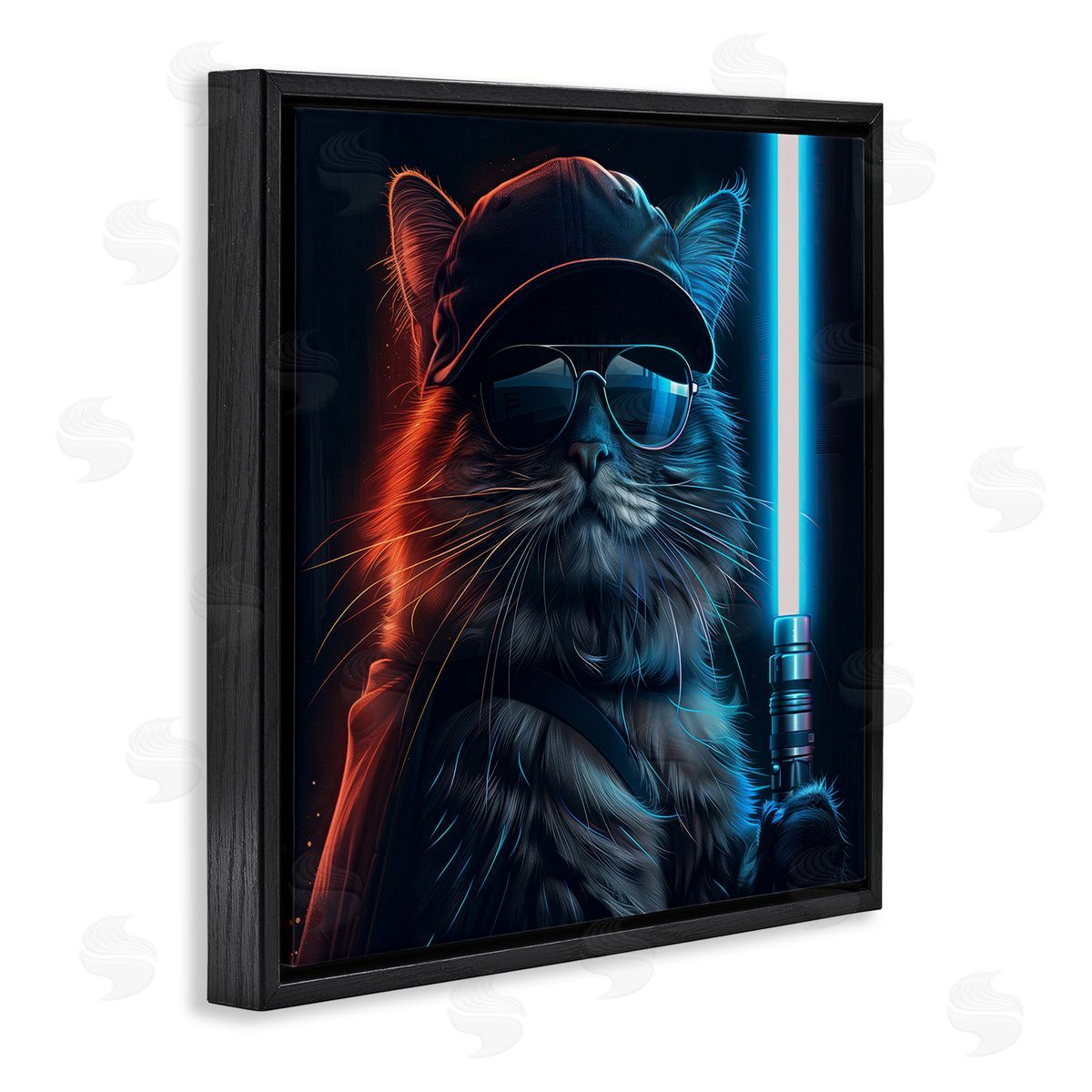 Sci-Fi Cat with Glowing Saber Black Floating Frame Canvas Wall Art, Home Decor by Jim Baldwin